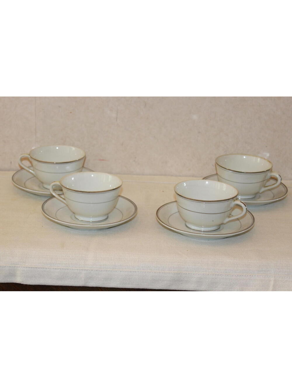 Vintage Metasco Footed White and Platinum Cup and Saucer - Set of 4